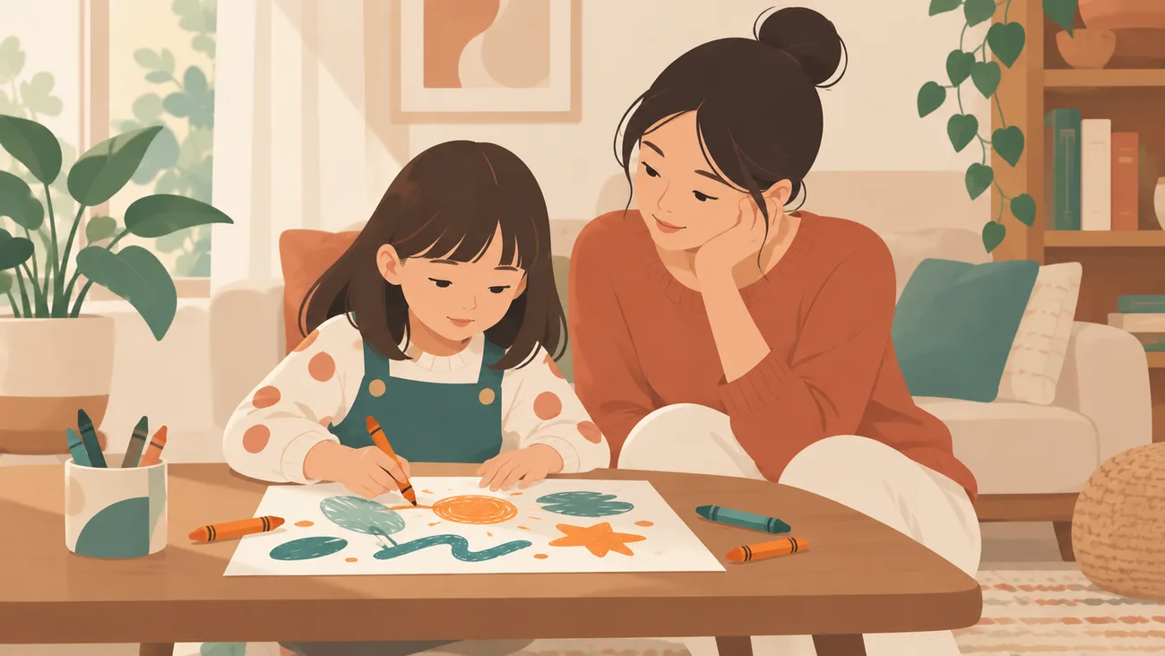 女孩用蜡笔画抽象形状，母亲在桌旁陪伴观看