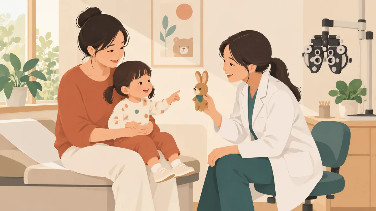 母亲抱着女孩坐在诊室，白大褂女性向女孩展示玩具兔，身后有验光设备