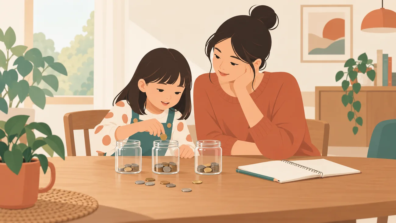 女孩在母亲陪伴下将硬币放入三个透明罐中的一个