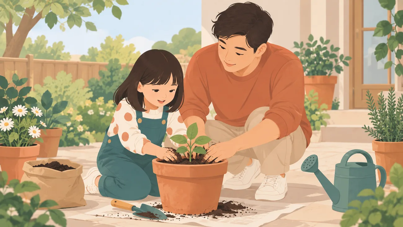 父女在庭院共同给盆栽填土，旁边有水壶和小铲。