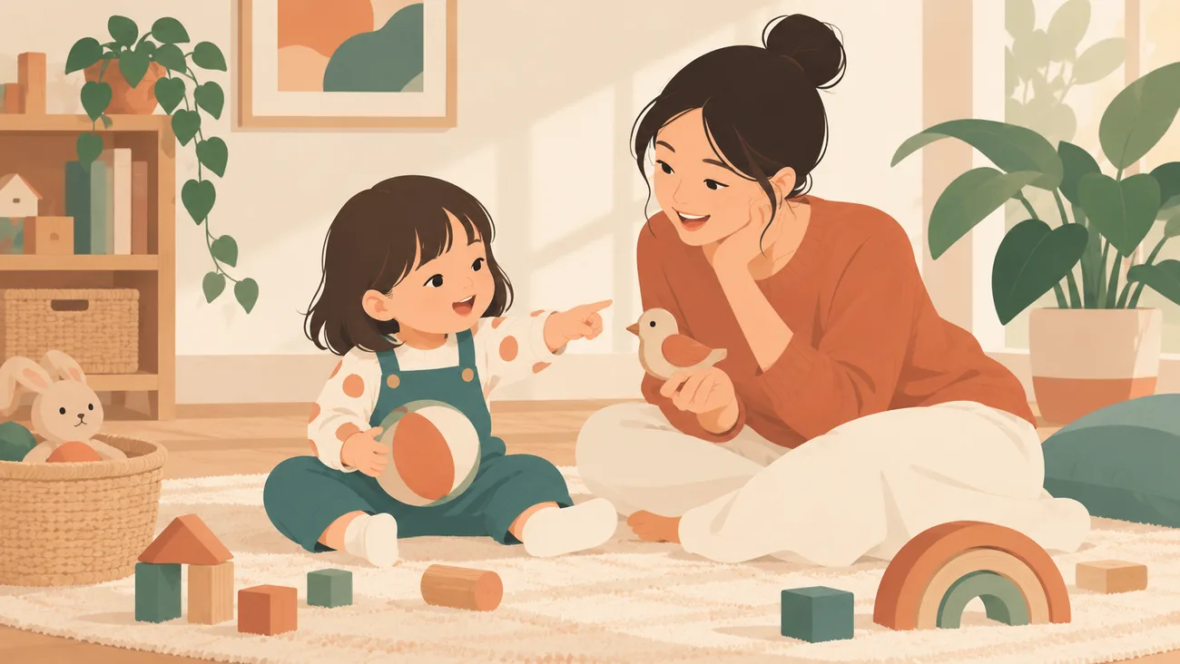 母亲坐在地毯上举玩具鸟回应女孩，女孩指向玩具并抱球。