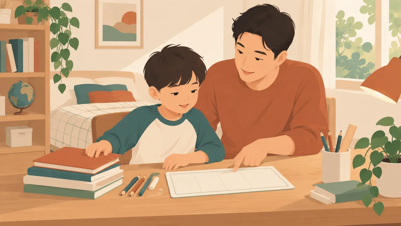 男孩与父亲在书桌旁讨论无字的分格计划表