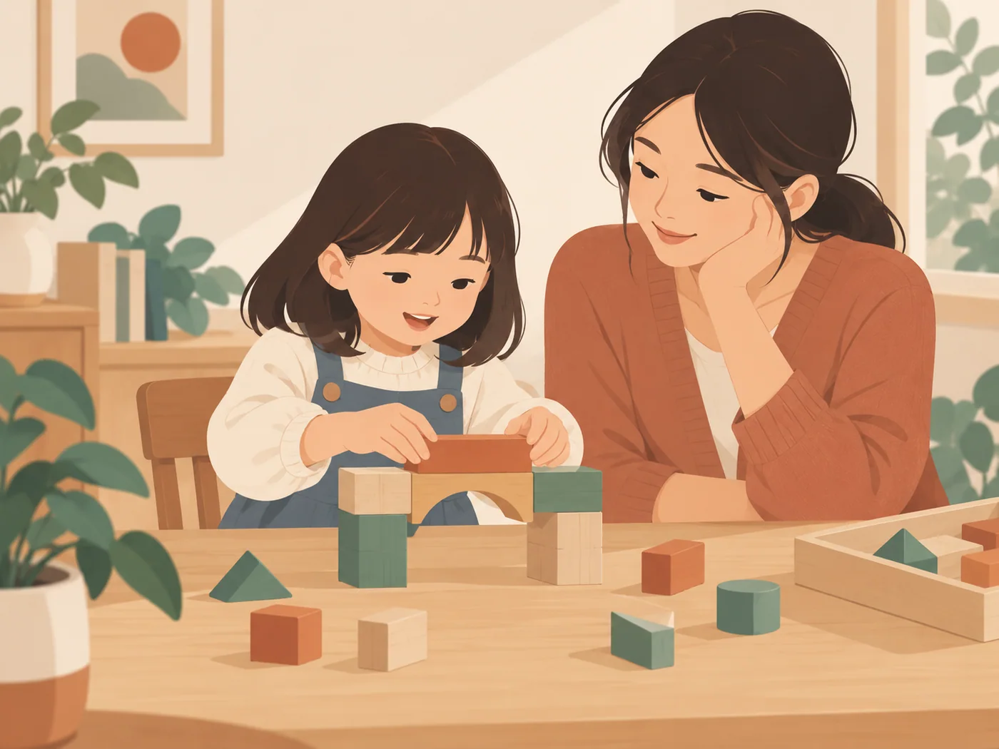 女孩自己搭建简单积木桥,母亲安静看着,无奖杯
