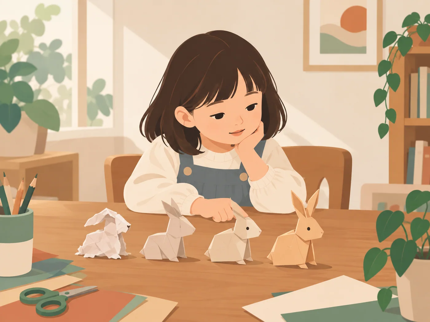 女孩独自对比从粗糙到整齐的四次折纸兔作品，体现过程进步