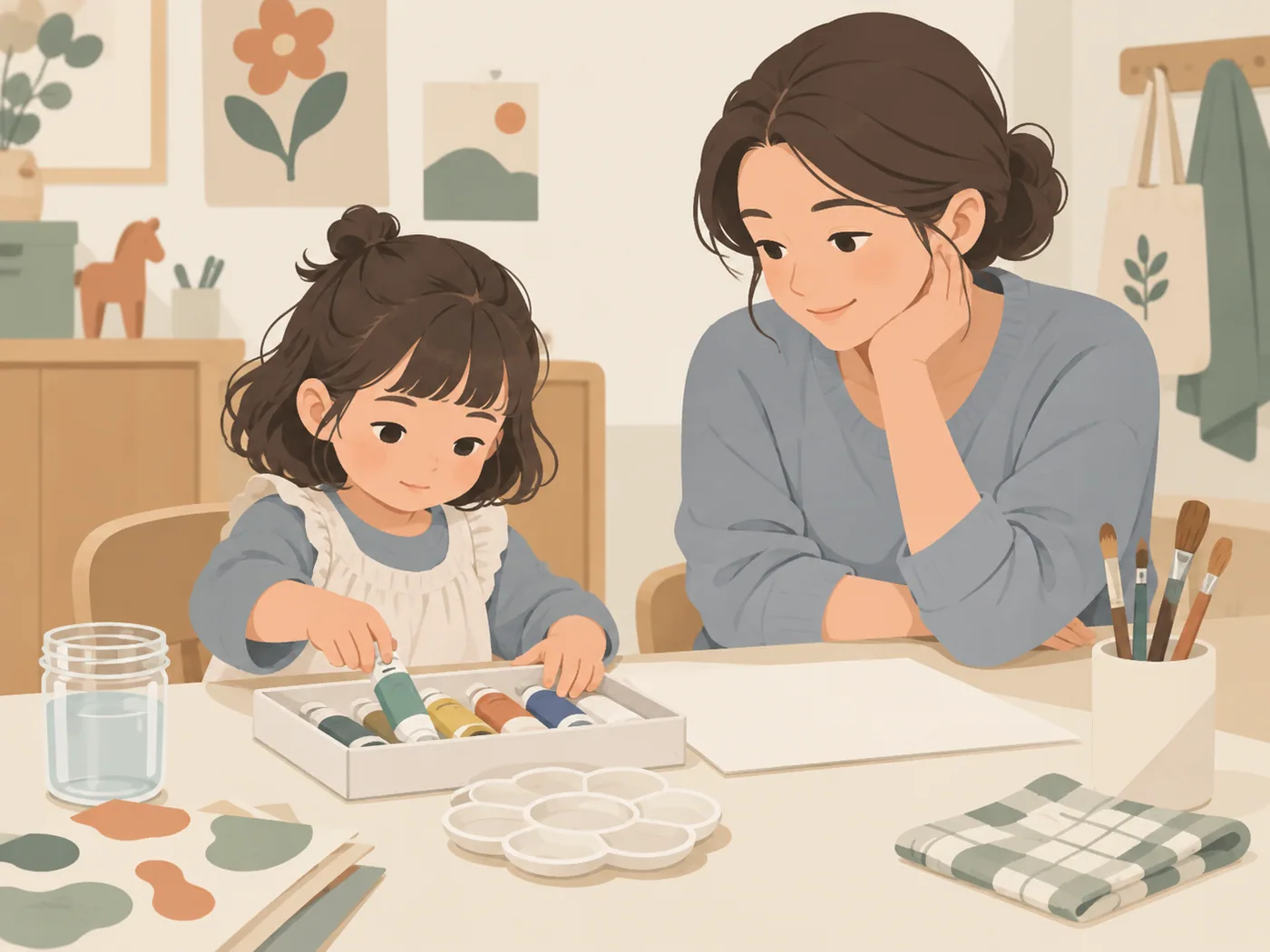 女孩在母亲支持下选择颜料准备画画