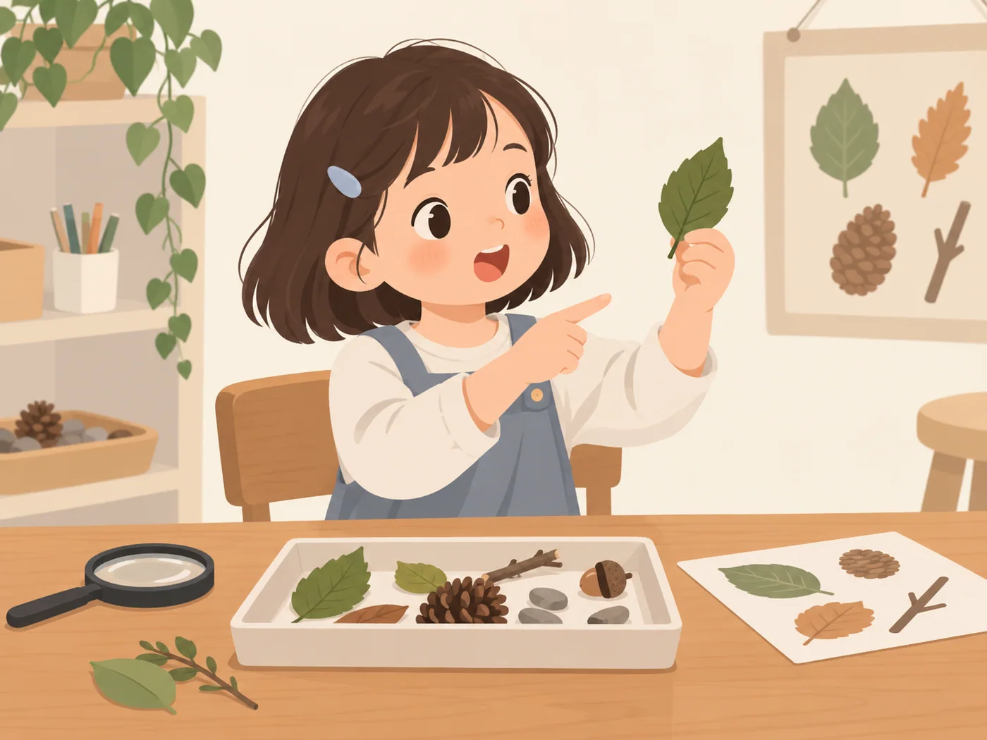女孩拿叶片展示发现，自然观察材料齐全