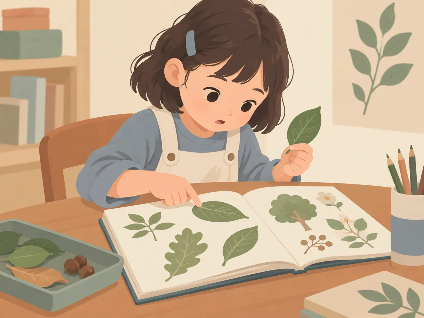 女孩拿叶片对照图画参考继续观察