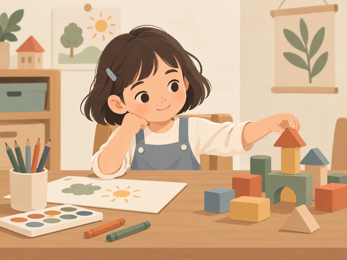 女孩在绘画材料旁选择搭积木，两手自然
