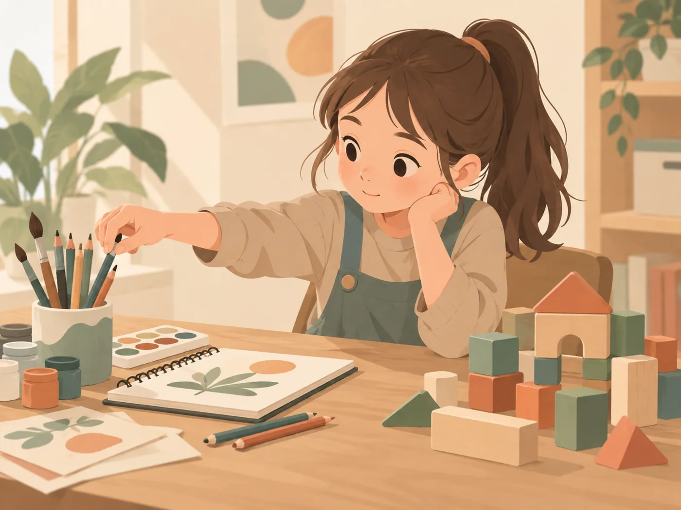 女孩在桌边从笔筒里挑选画笔，桌上同时有绘画材料和积木。画面体现选择活动工具，