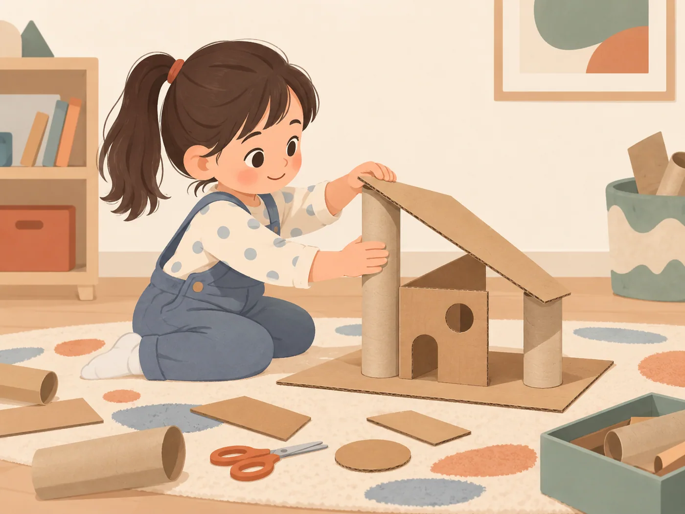 幼龄女孩用纸筒、纸盒和纸板搭建一座小屋，双手扶住立柱与斜屋顶。