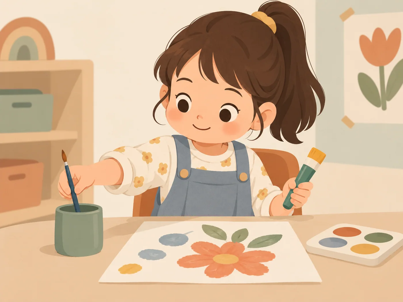 幼龄女孩一手把细画笔放回杯中，另一手拿着较粗的画笔，桌上是花朵画和颜料盘。画面体现更换工具，