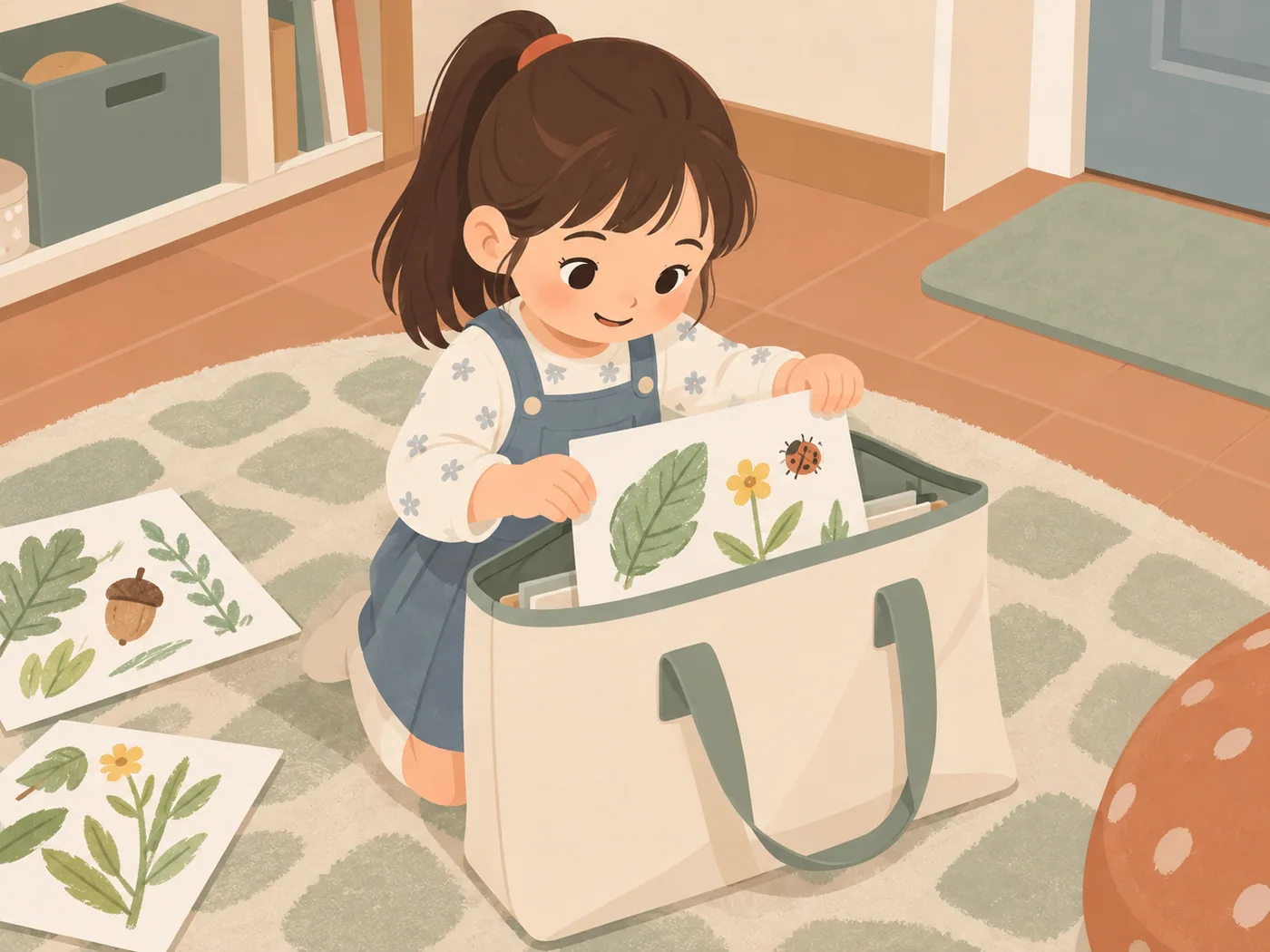 女孩把带有叶片、花和瓢虫图案的作品放进大作品袋，旁边还有其他植物图画。