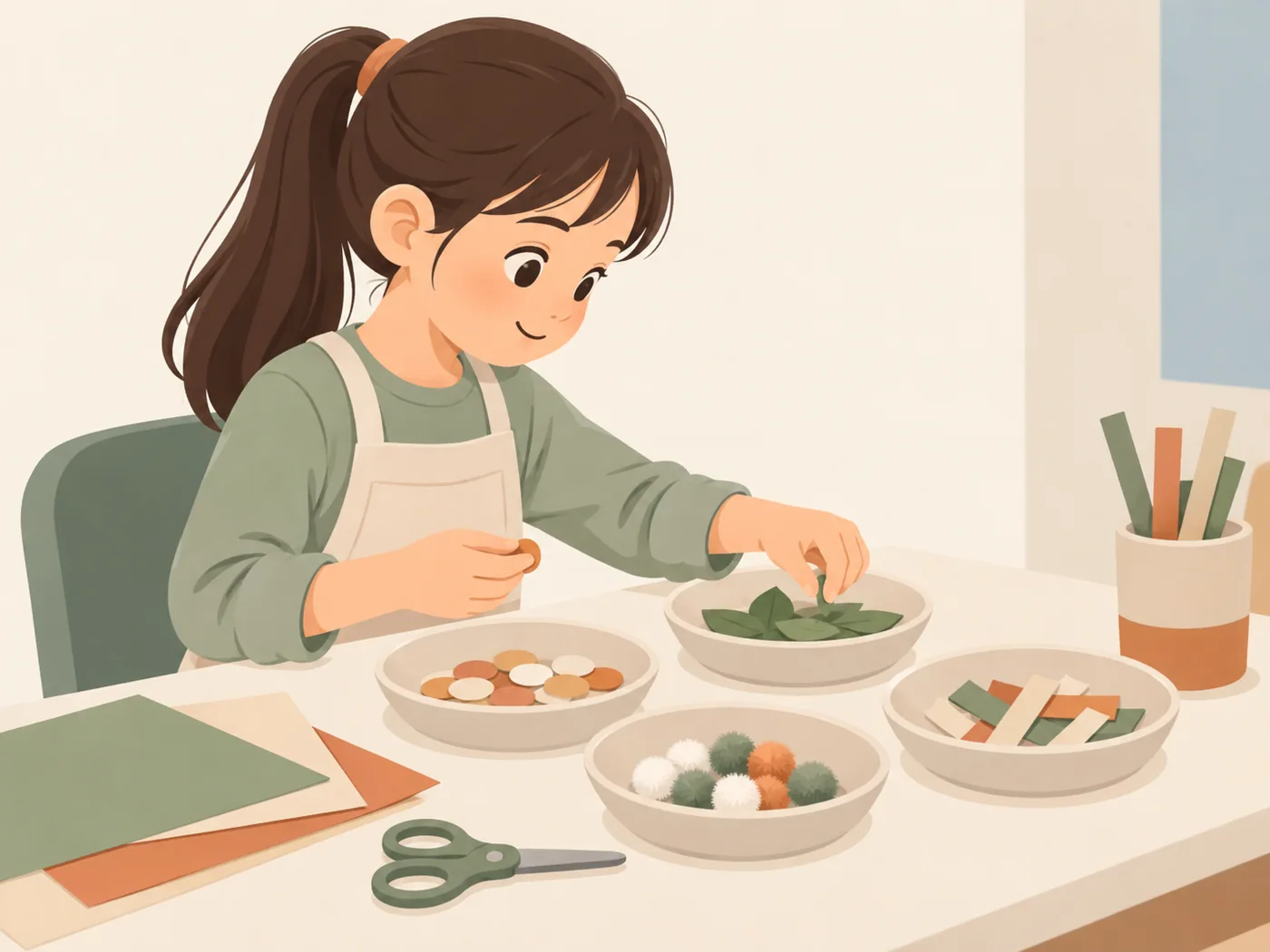 女孩在桌边将彩色纸片、叶形纸、纸条和毛绒球分放在几个浅碗里，双手拿取材料，旁边有彩纸和剪刀。