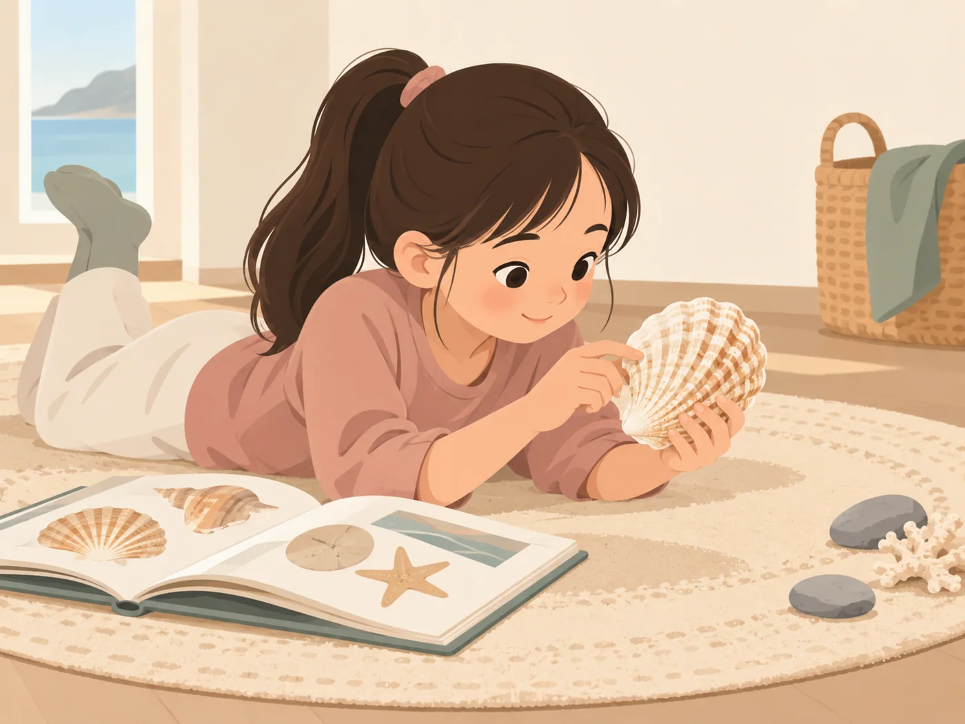 女孩趴在地毯上，一手托着贝壳、另一手指向壳面纹理，旁边打开的图册有海洋物件图案。