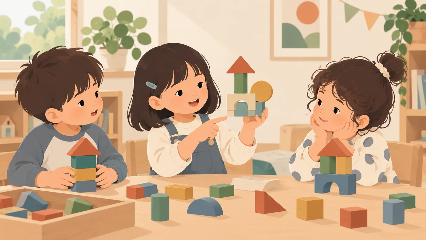女孩向同龄伙伴介绍自己的积木创意，伙伴倾听，无成人。