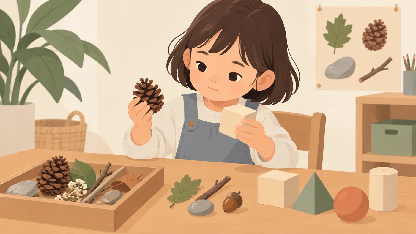 女孩独自比较松果与几何积木，开放材料可见