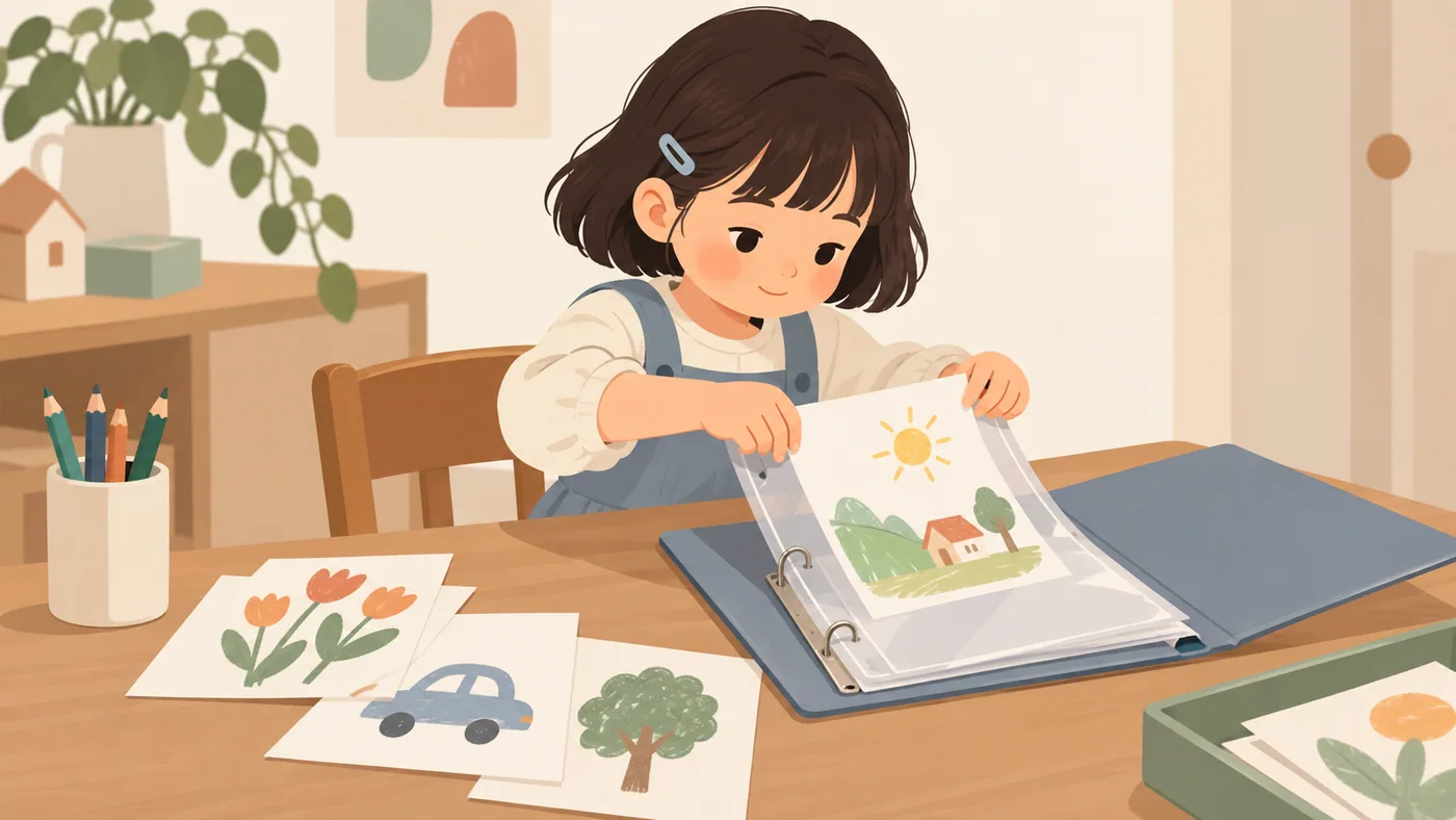 女孩把图画放入透明活页袋保存,双手正常