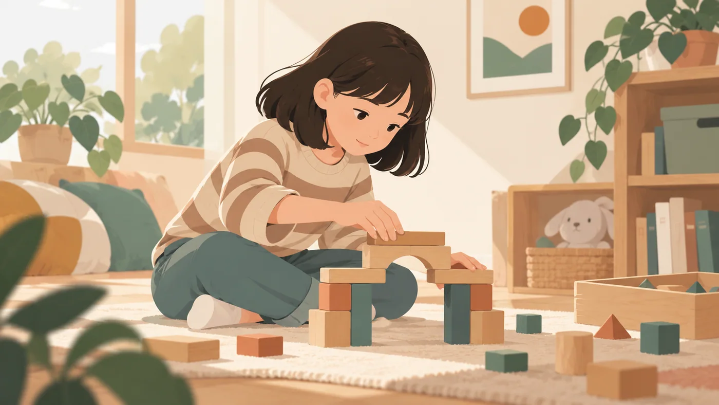 女孩专注独立搭建积木桥