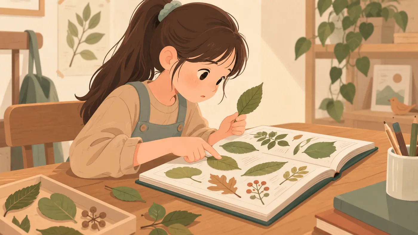 女孩一手拿着树叶，一手指向植物图册中相似的叶片，桌上放着采集的树叶。