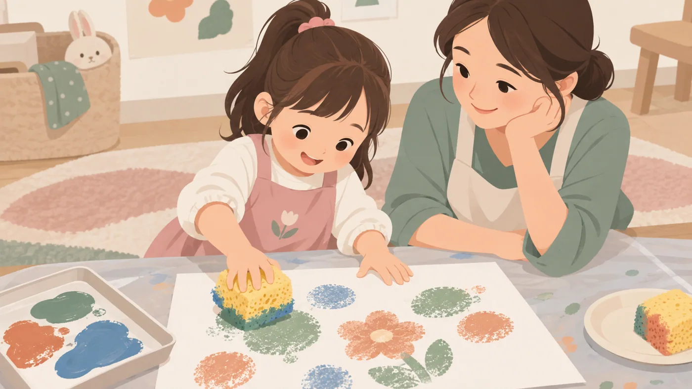 幼龄女孩在母亲陪伴下用大海绵蘸颜色拓印，母亲观察，桌面有防护垫和颜料盘。