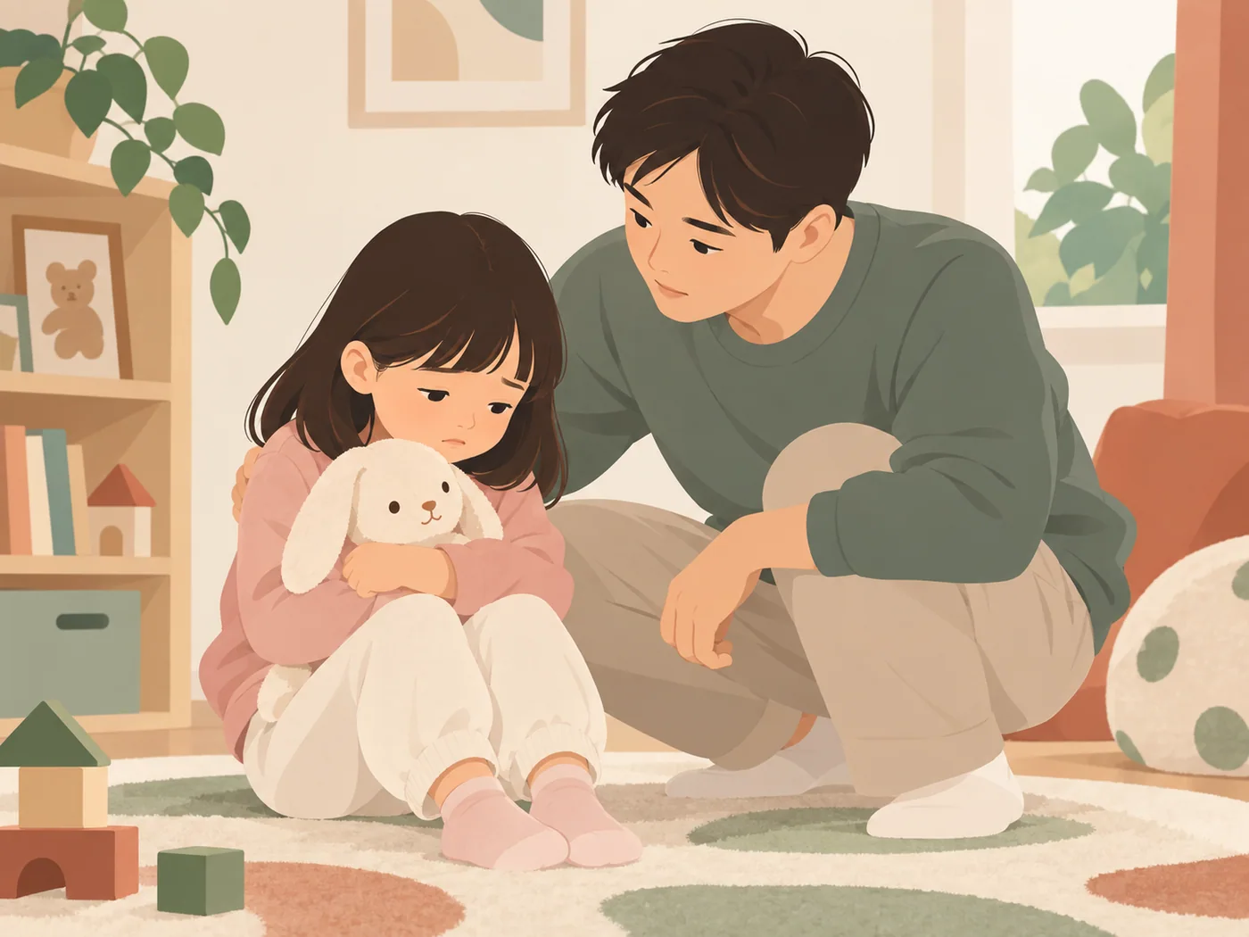 已查看实际图片:女孩抱着毛绒兔子低落,父亲蹲在旁边安静陪伴;单幅画面、服饰完整、无可读文字、未见明显人体异常。