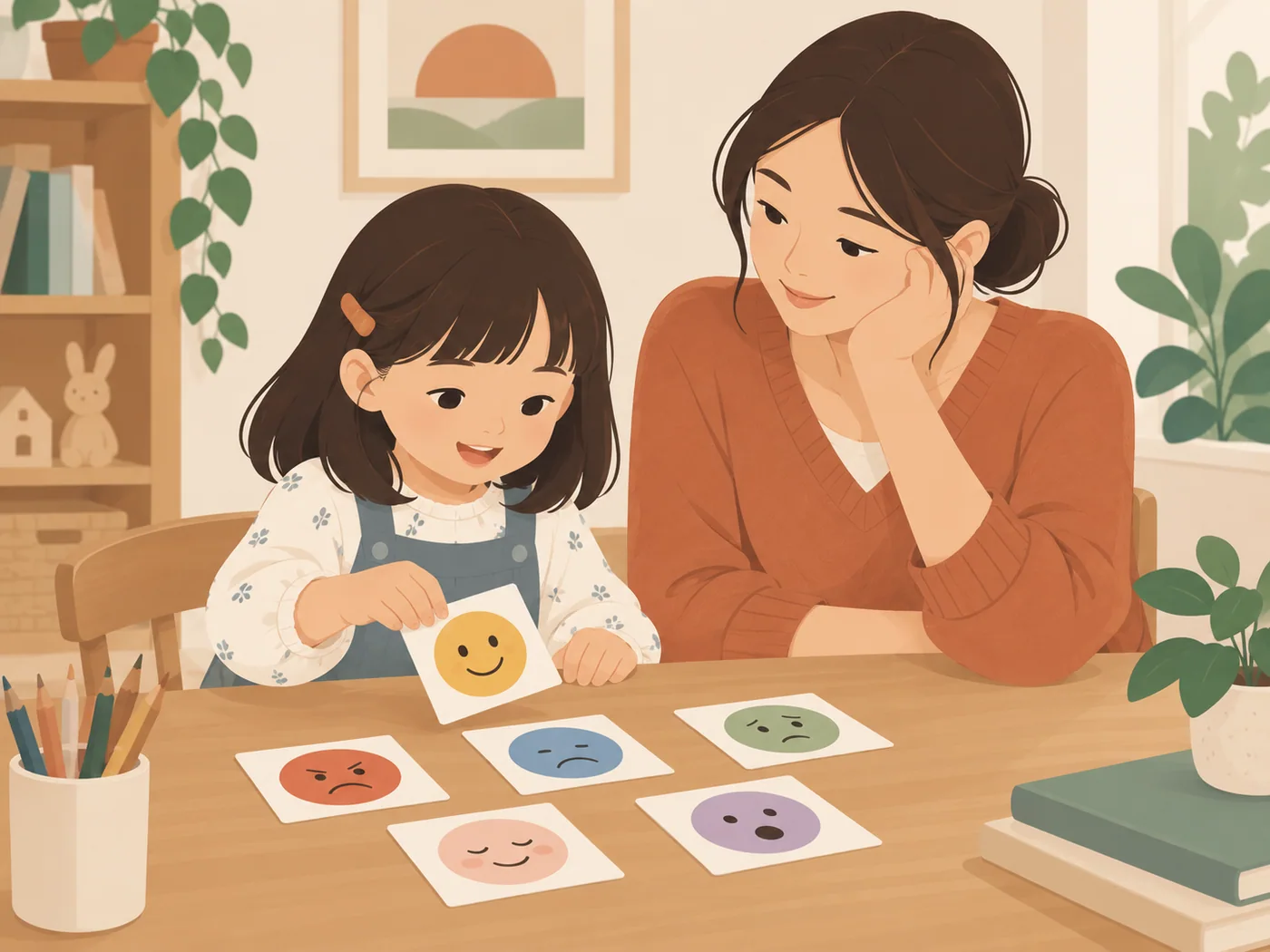 幼儿女孩选择笑脸感受卡，母亲倾听