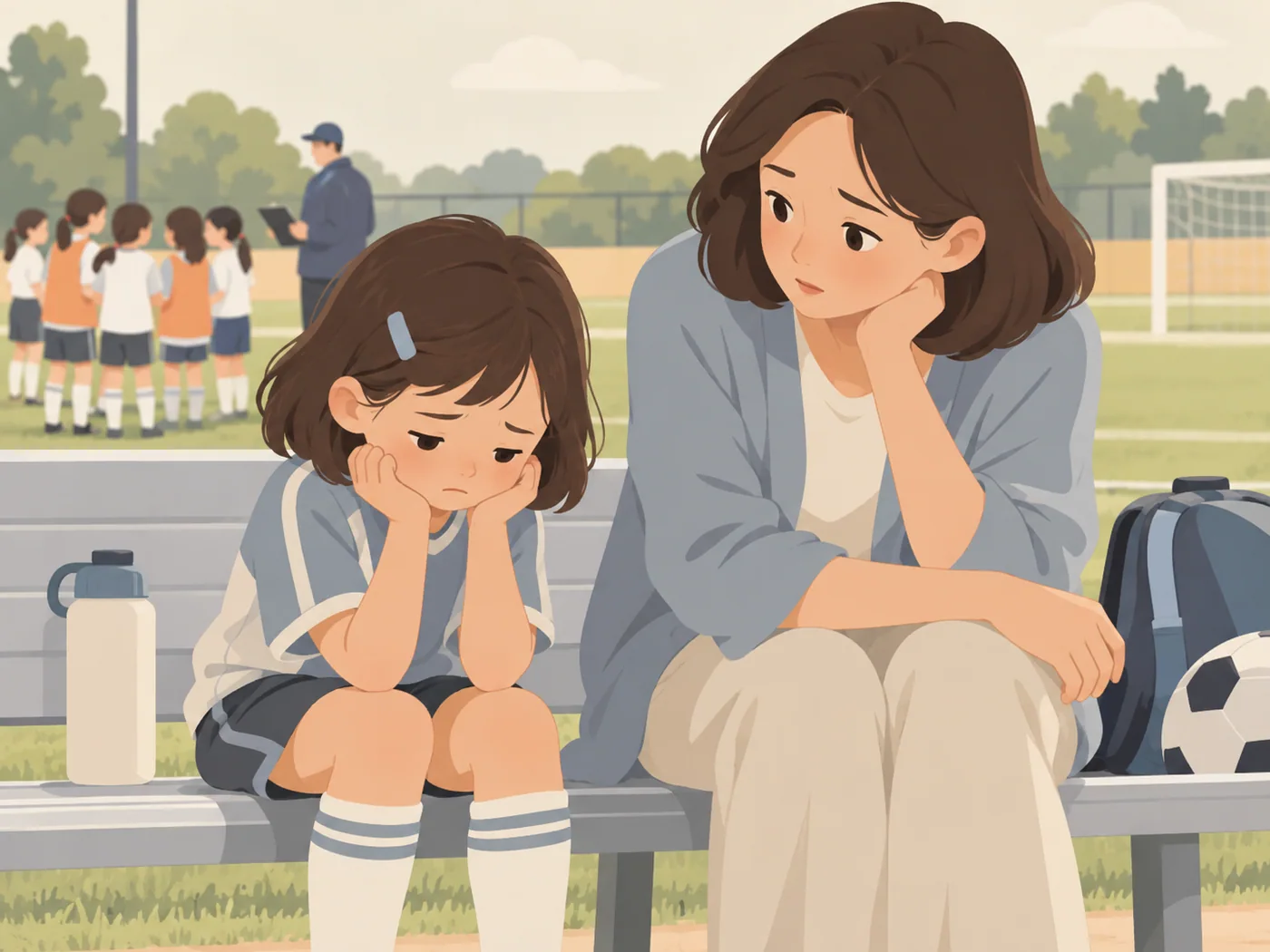 女孩在球场边失落，母亲认真陪伴