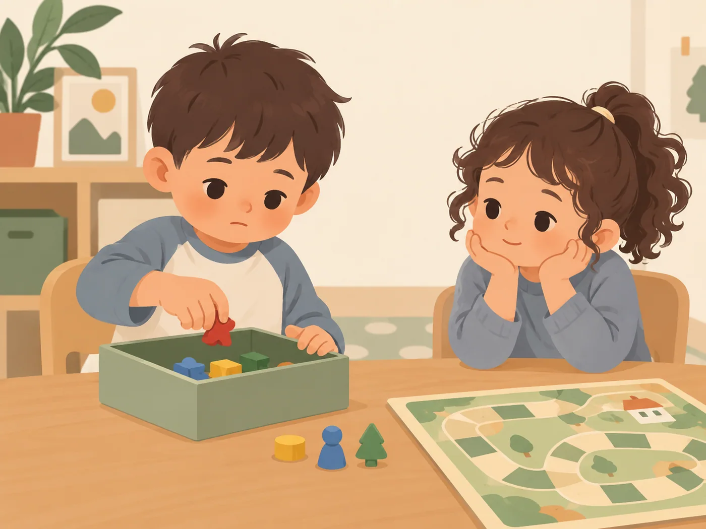 男孩把棋子放入盒中，女孩双手托腮陪伴