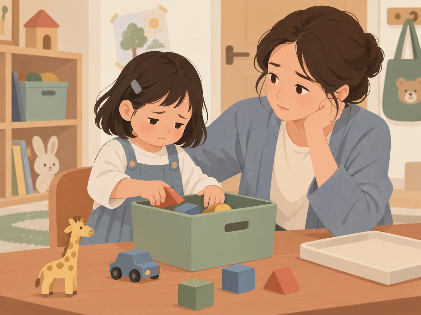 女孩带着难过表情把积木放进收纳盒，母亲在旁陪伴