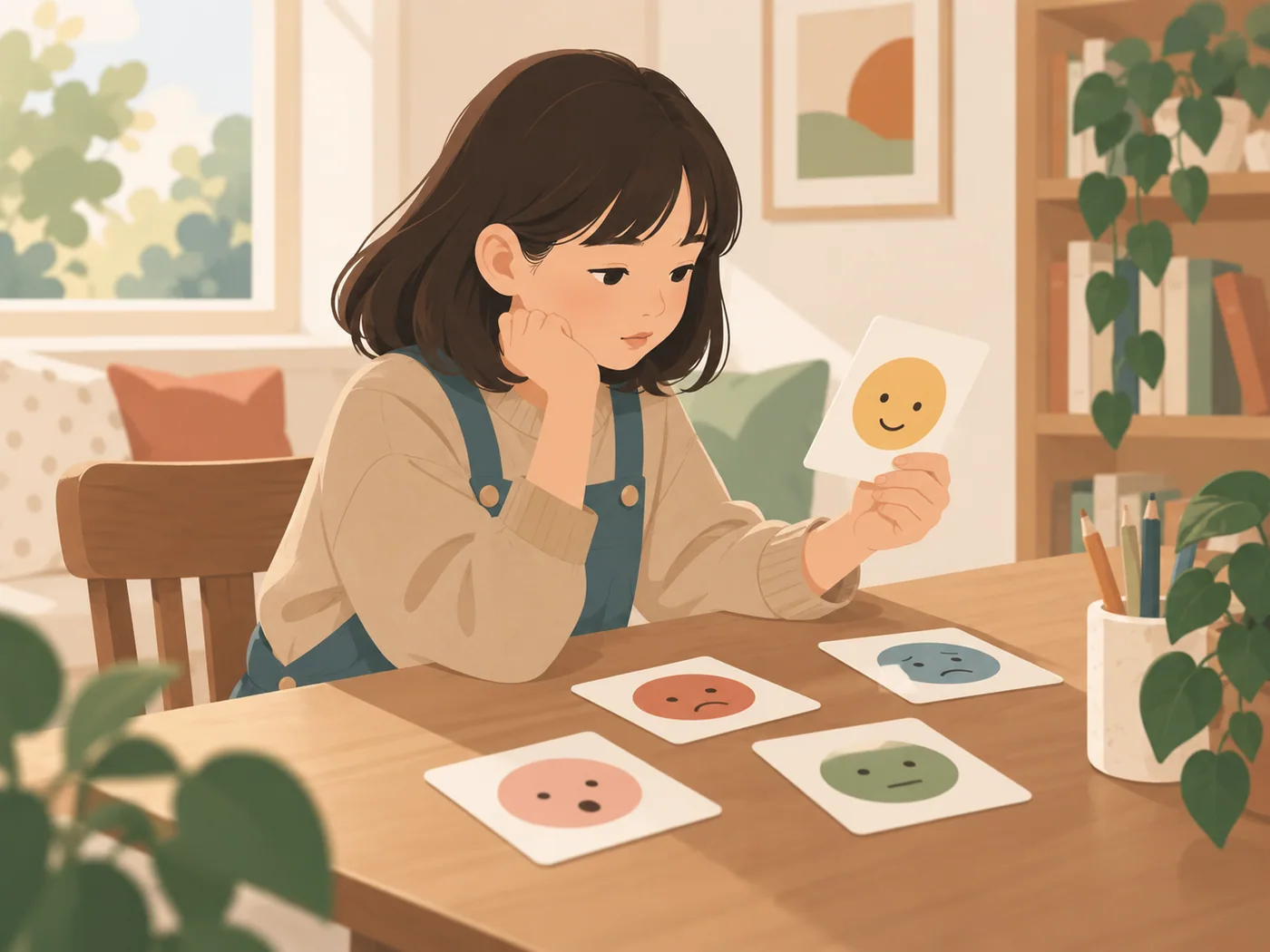 女孩独自观察不同表情卡，神态思考