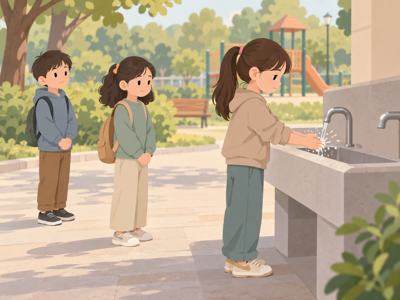 女孩在公园洗手台前洗手，另外两名儿童在后方等候。