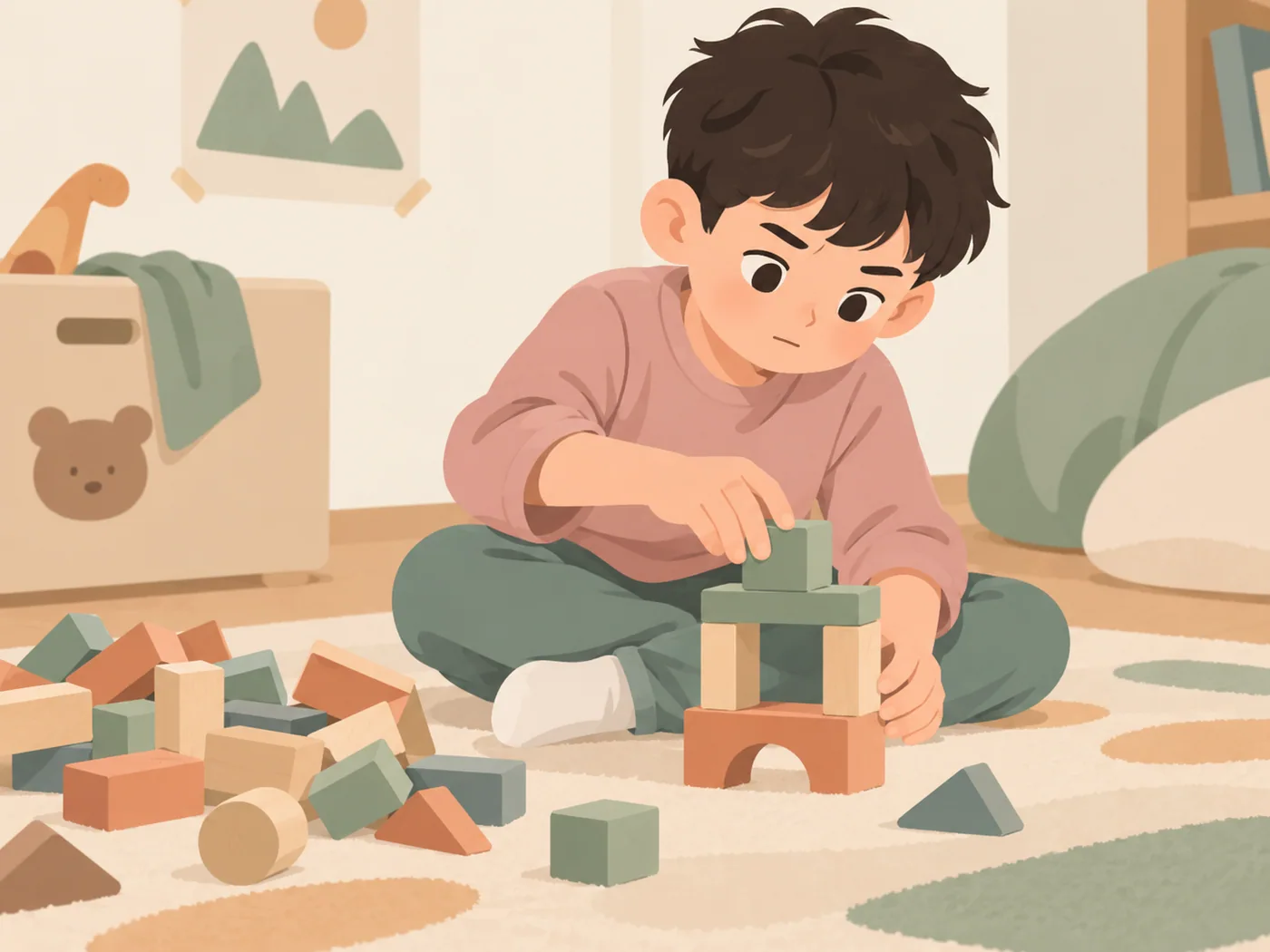 男孩重新搭建积木