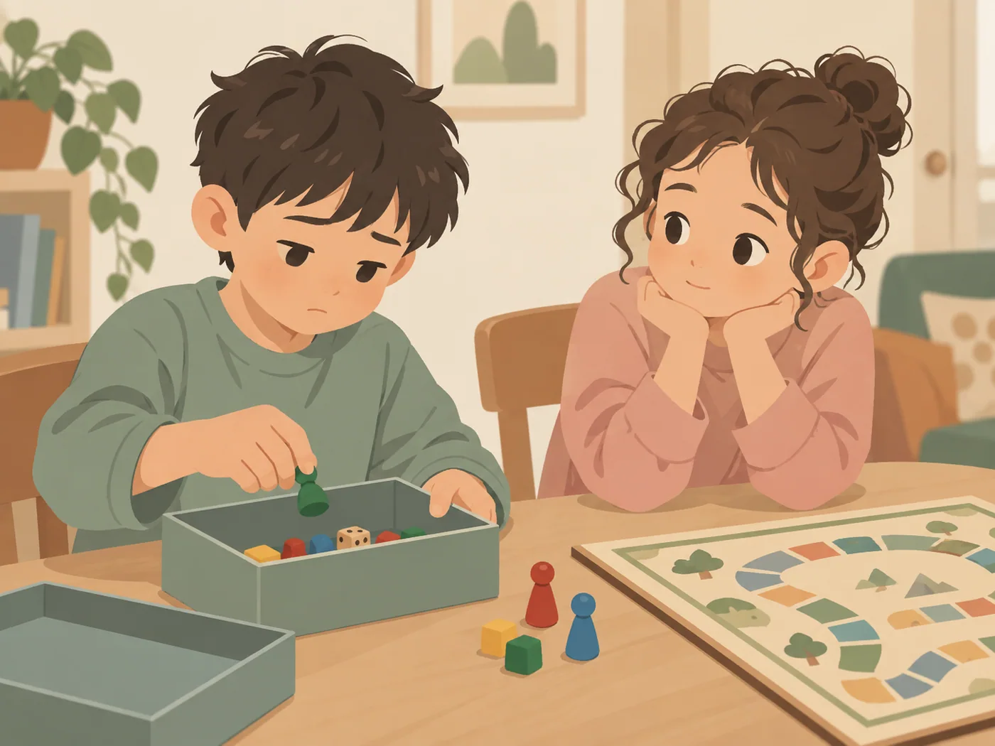 男孩表情低落地把棋子收进盒子，女孩同伴在旁安静等候，桌上还有棋盘与散落的棋子。