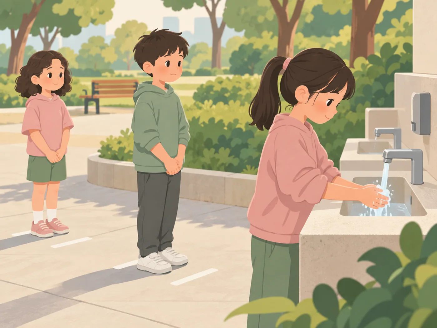 男孩与另一名女孩在公园洗手台后等候，前面的女孩正在洗手。