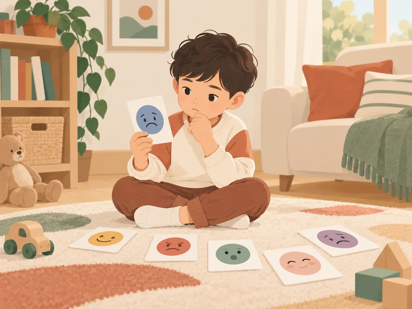 幼童男孩坐在地毯上观察情绪卡，年龄场景自然，无文字和成人。
