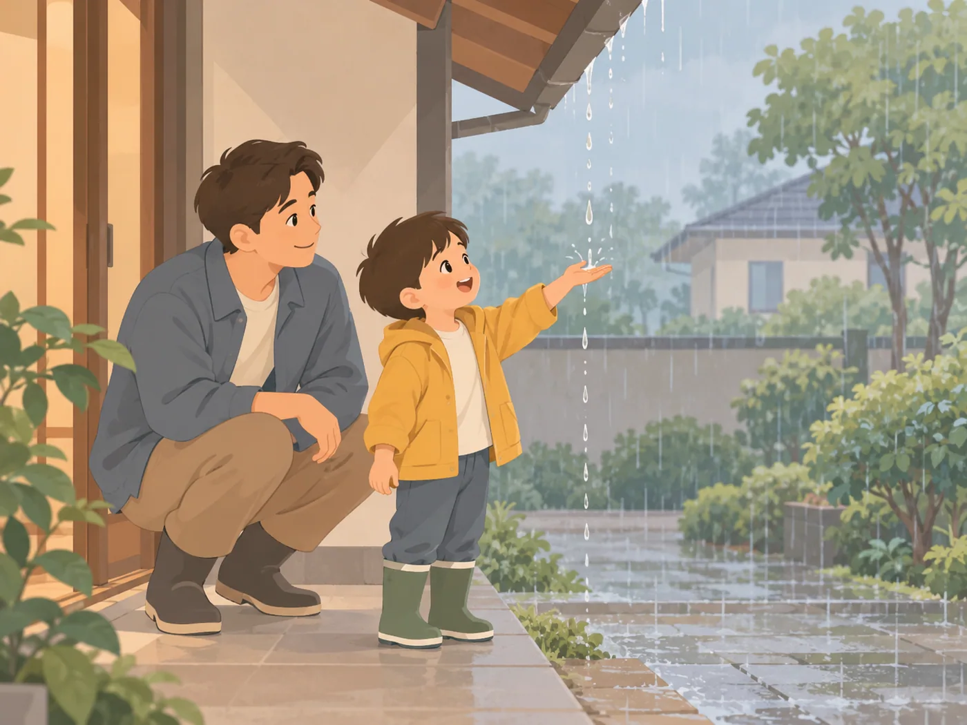 幼童男孩站在屋檐下伸出一只手接雨滴,另一只手垂在身侧