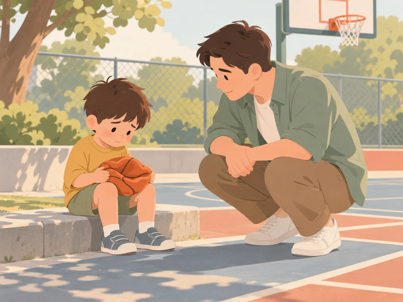 幼年男孩低头抱着凹陷篮球坐在球场边，成年男性蹲在旁边看着他