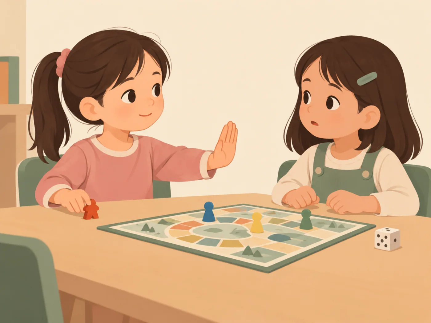 女孩一手扶棋子、一手举掌示意，对面的女孩双手放在棋盘旁观看