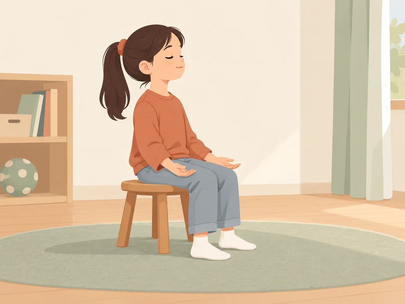 女孩闭眼坐在小凳上,双脚落地,两手掌心朝上放在腿旁。