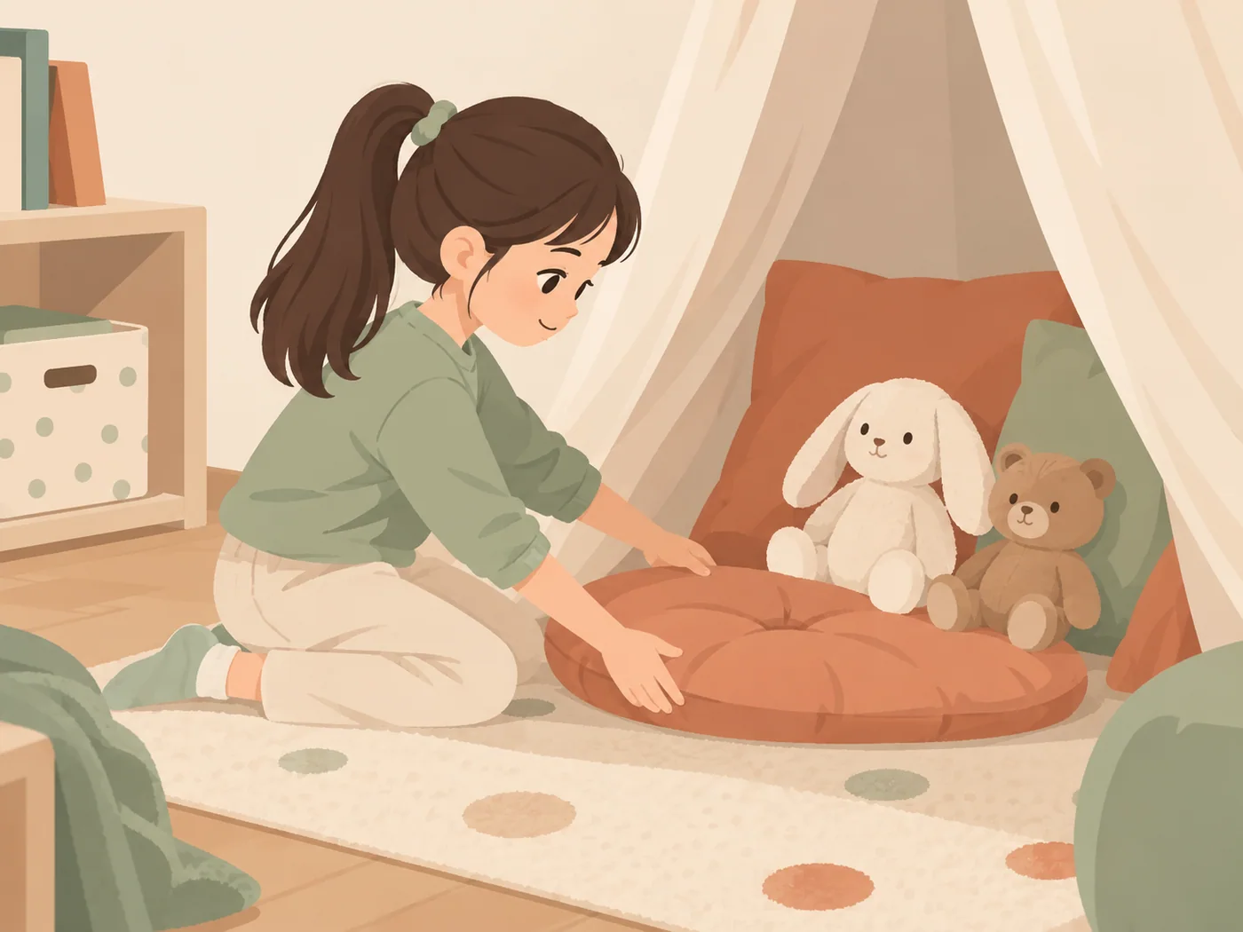 女孩跪坐在室内帐篷旁,双手摆放圆坐垫,帐篷内有兔子和熊玩偶及靠垫。
