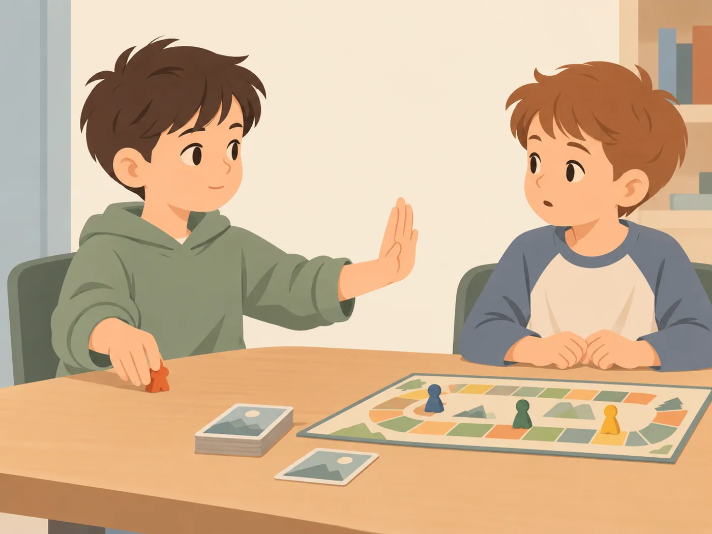 两名男孩坐在桌游旁，一人一手拿棋子，另一手伸出竖起的手掌