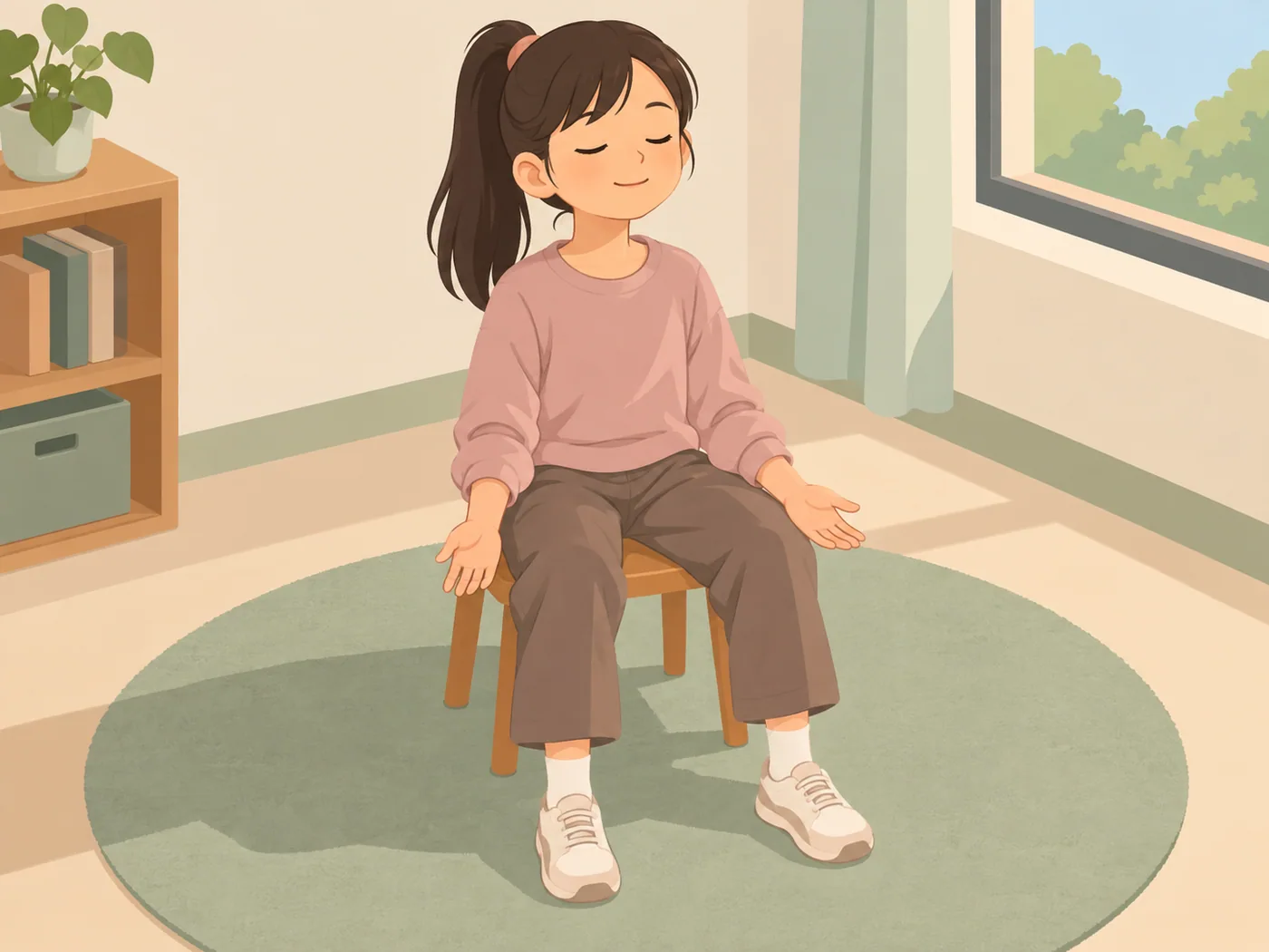 女孩坐在窗边木凳上,闭眼,两手掌心朝上放在腿旁,双脚落地。