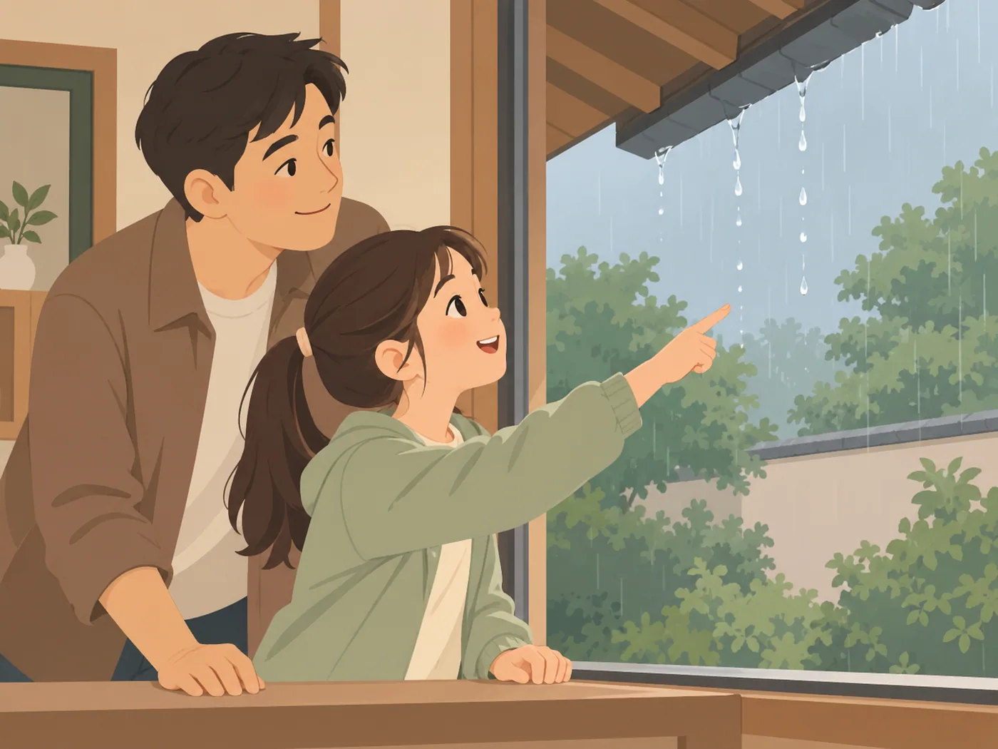 女孩一手指屋檐滴落的雨滴、另一手扶窗台，成年男性站在旁边一手扶窗台、另一手自然遮挡，两人从屋内看雨。