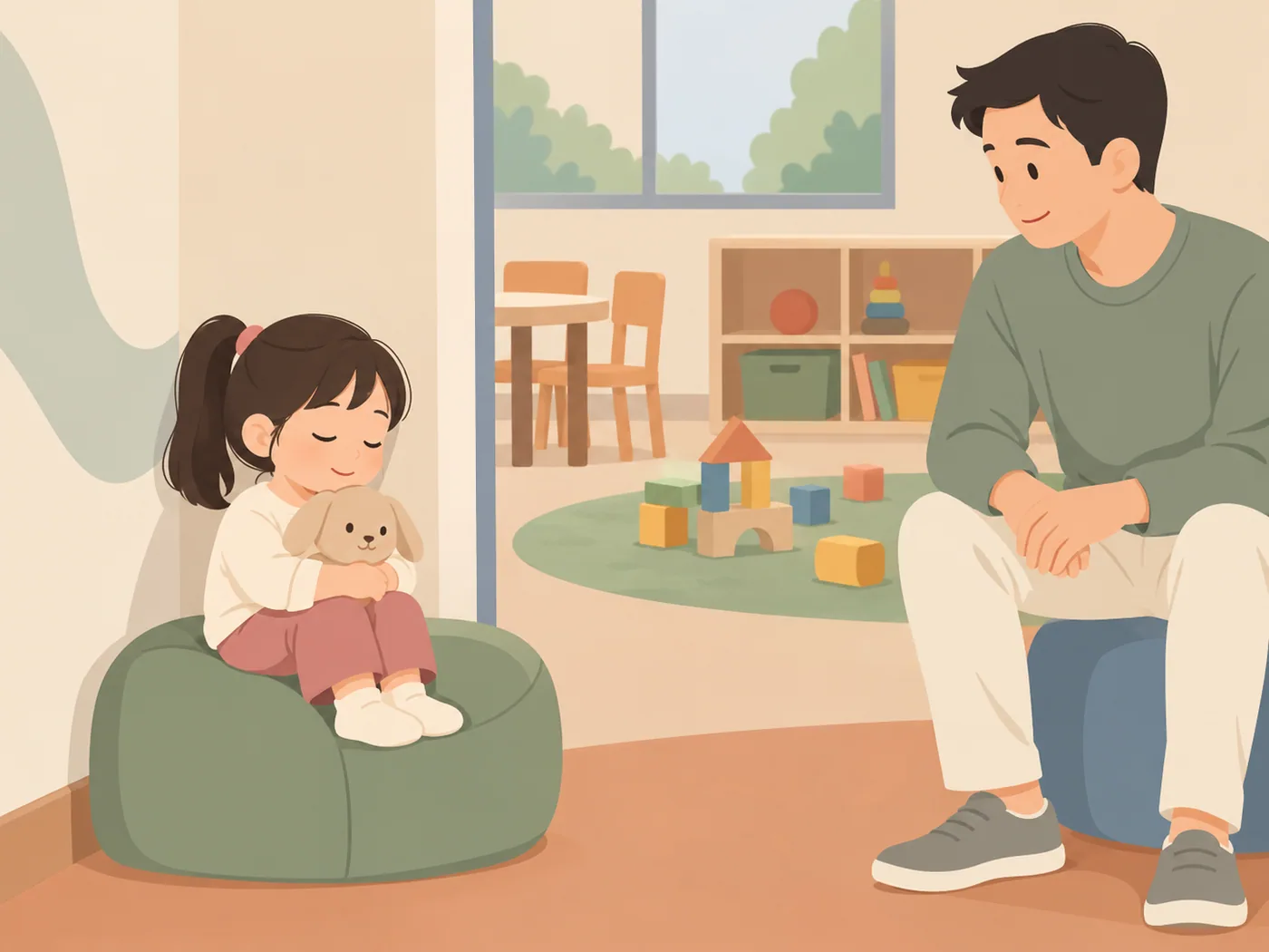 女孩抱着兔子玩偶蜷坐在绿色软凳上,成年男性坐在一旁,后方有玩具积木和桌椅。