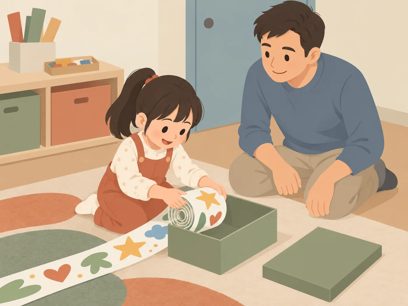女孩跪在地毯上把画有心形、星形和云朵的长纸卷收进盒子，成年男子在旁边。