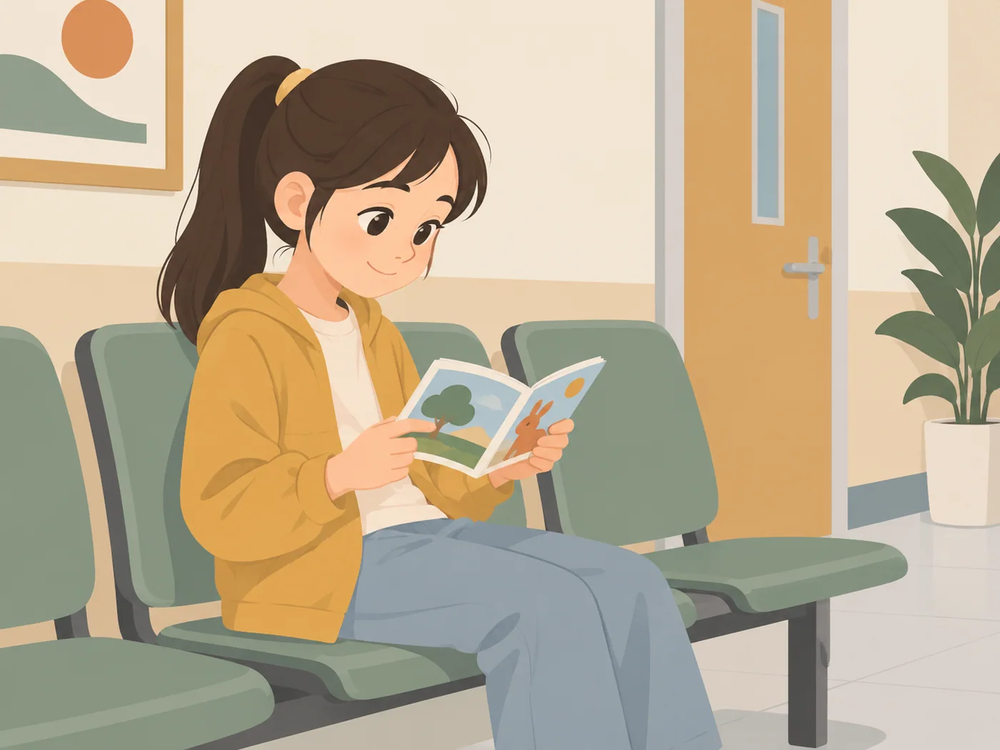 女孩独自坐在等候区椅子上看一本带兔子图案的书。