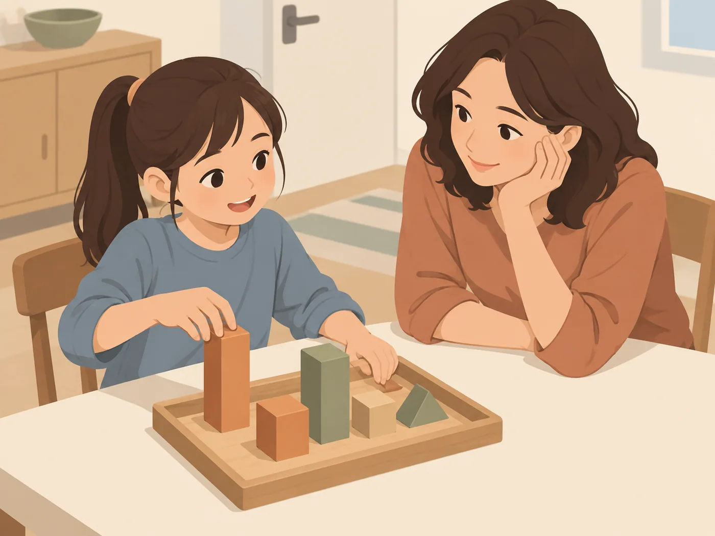 女孩在托盘里摆放高低木积木，成年女性在旁边托腮看。