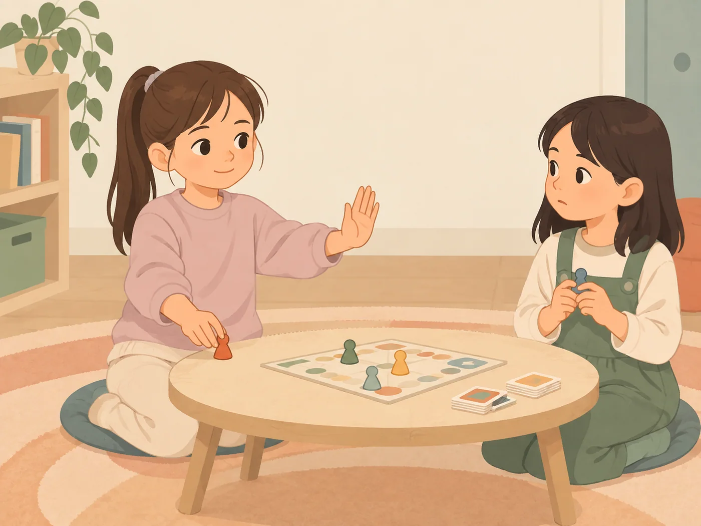 两名女孩坐在桌前玩无字棋盘，一人举起手掌，另一人手握棋子。
