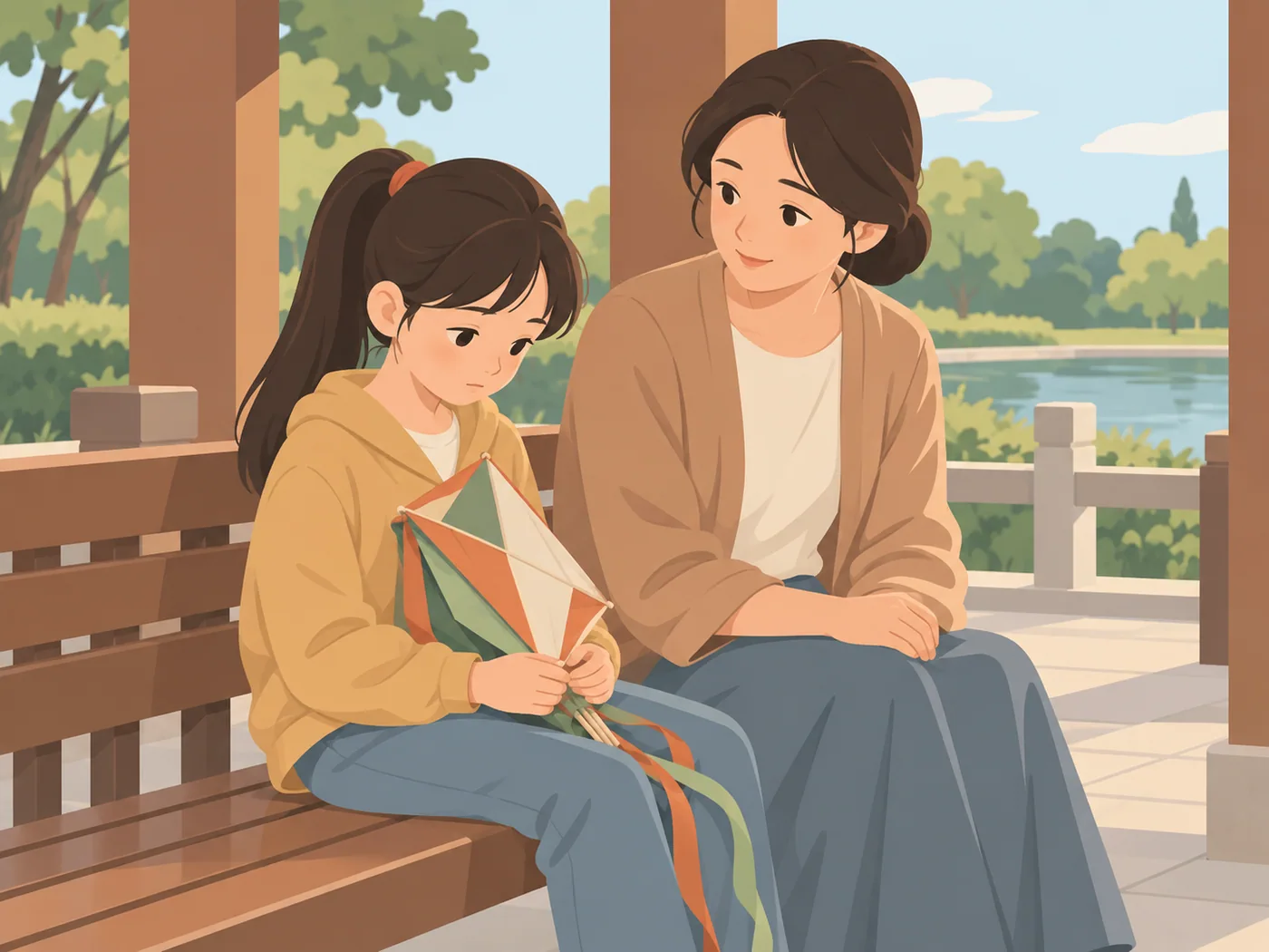 女孩低头抱着风筝坐在户外长椅，成年女性坐在旁边看向她。
