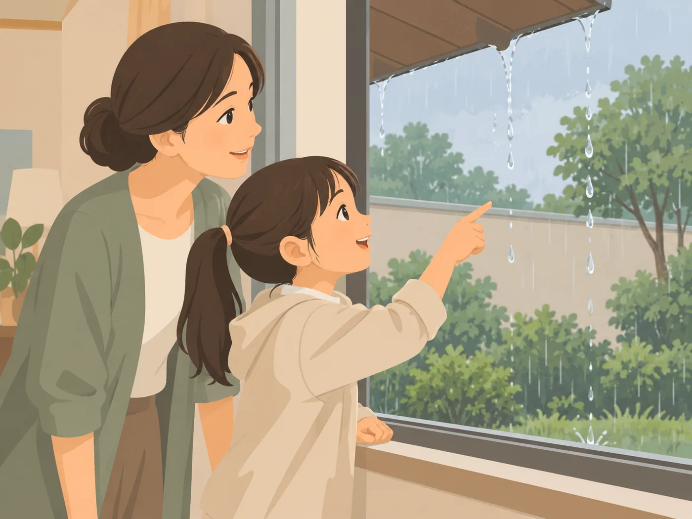 女孩站在窗边指向屋檐雨滴，成年女性在旁一起看向窗外。